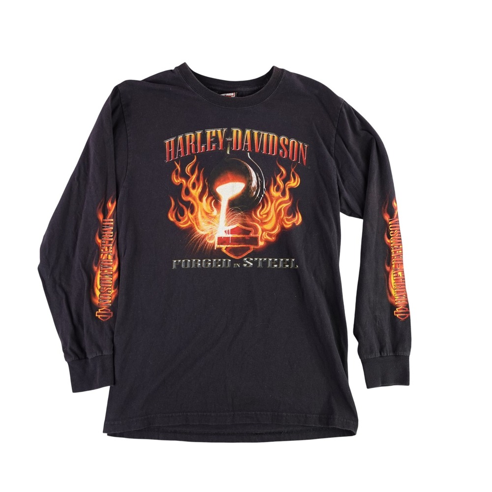 Harley Davidson Shirt Mens Large Black Forged In Steel Flame Graphic L/S